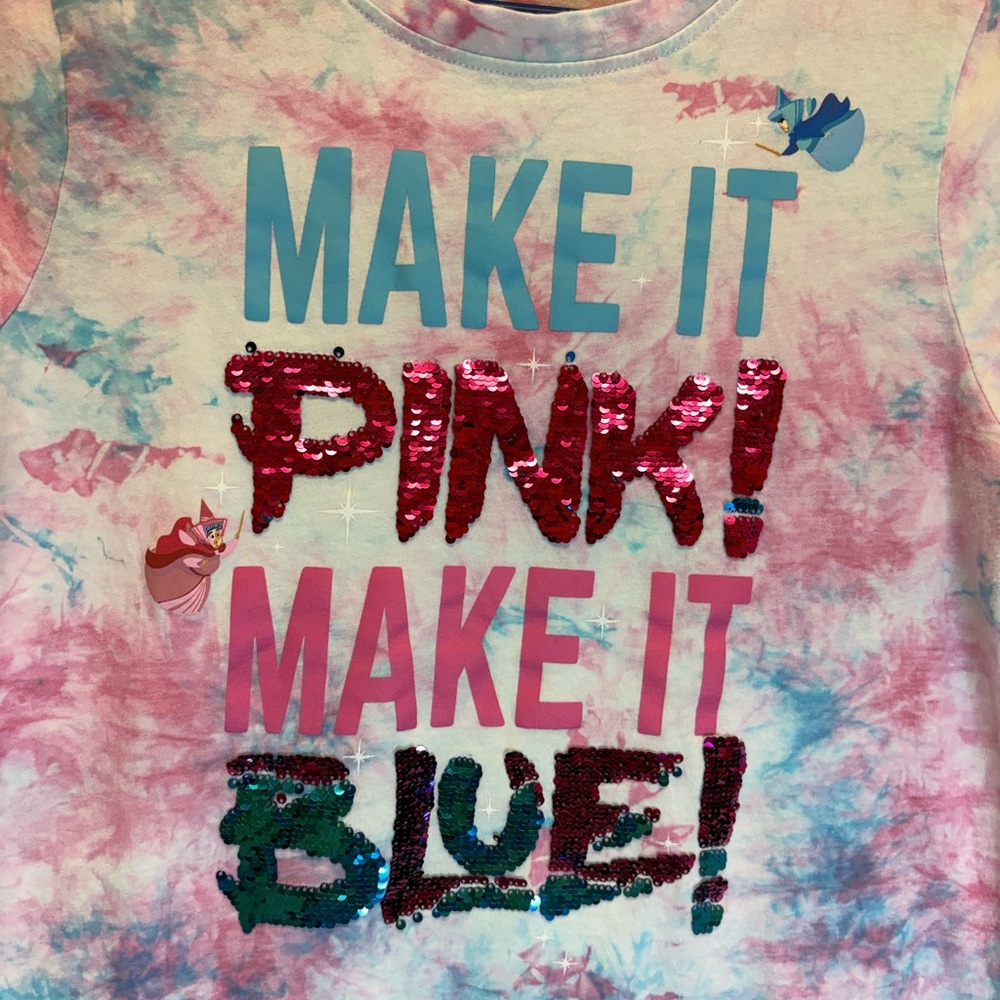 Disney Sleeping Beauty “Make It Pink Make It Blue” Sequin Tie Dye T-Shirt | M - Picture 7 of 16